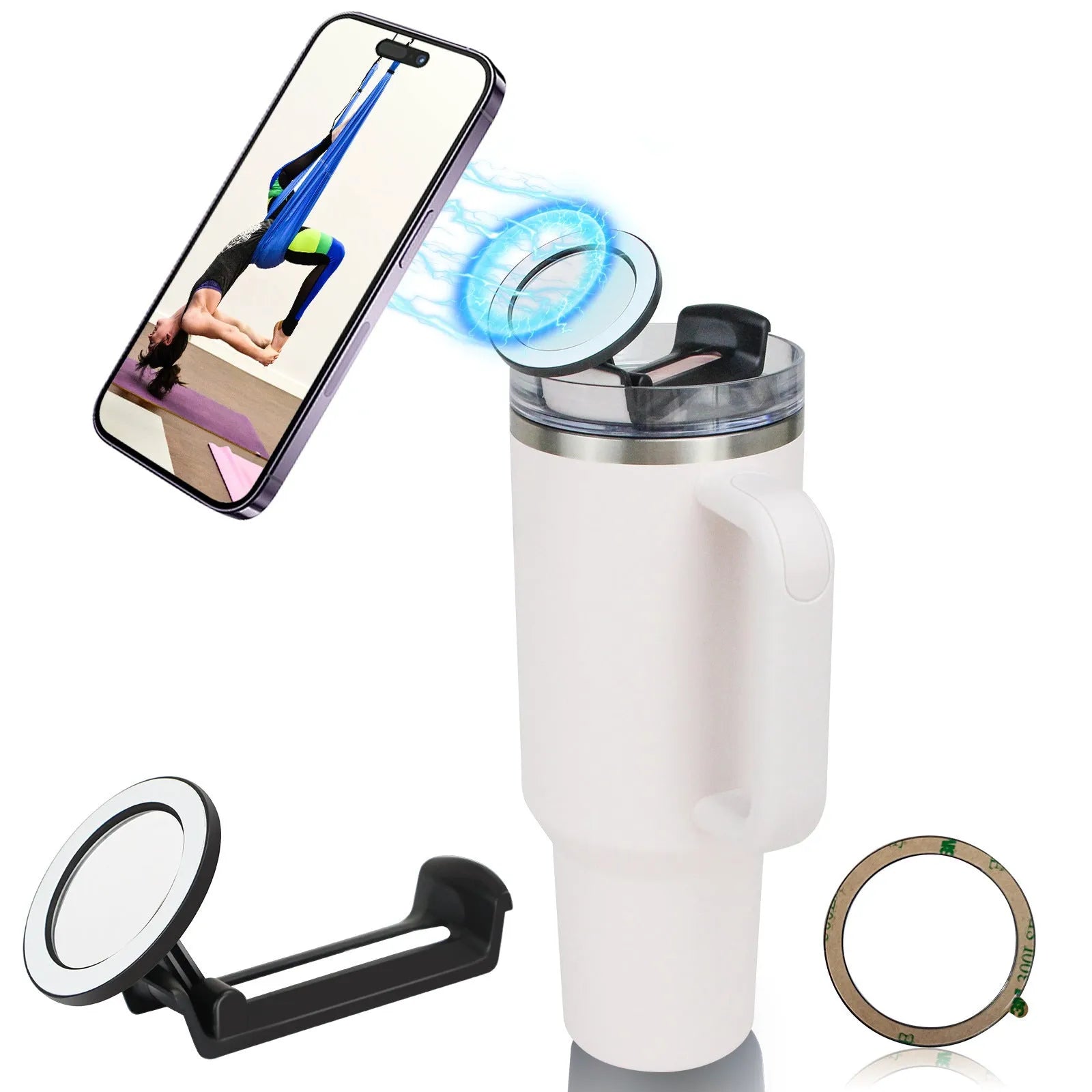 Magnetic plastic phone holder attached to a water cup showing hands-free viewing angle