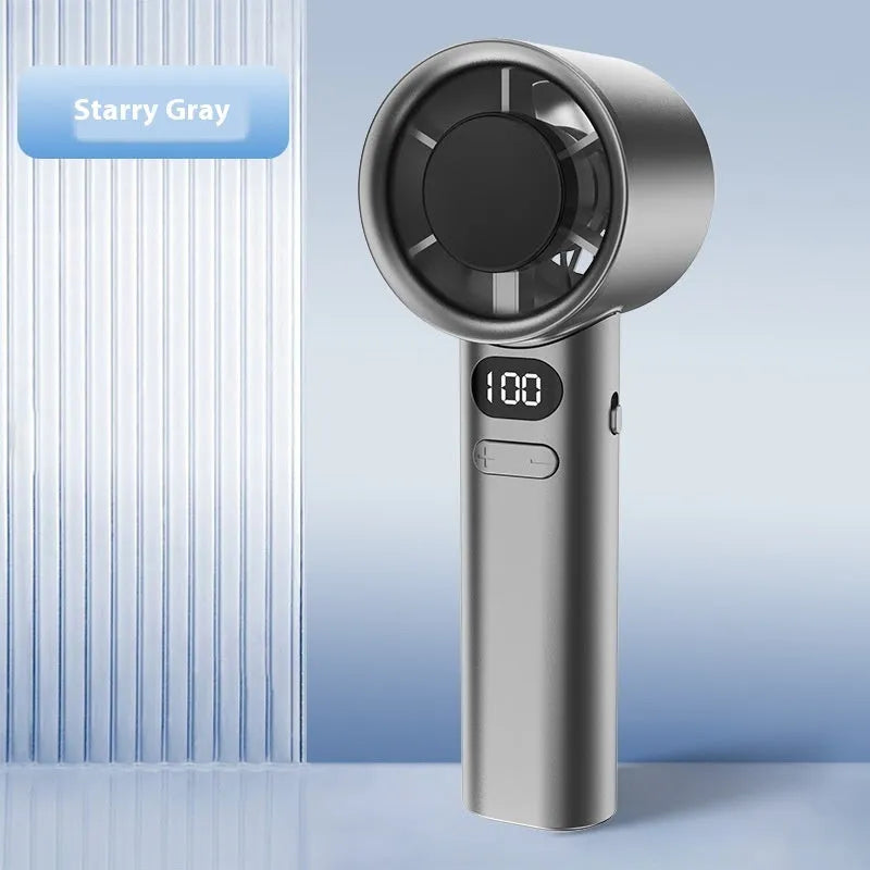 USB-powered handheld fan with variable speed control in green, silver, khaki, or white colour.