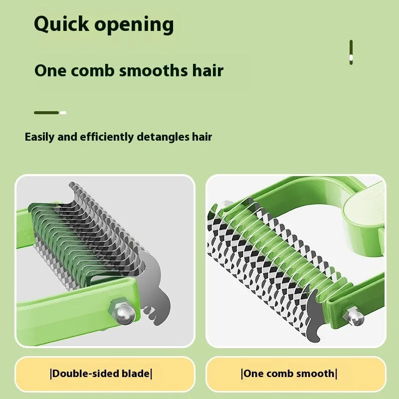 Pet grooming comb with stainless steel teeth for detangling dog hair in green and grey colour options