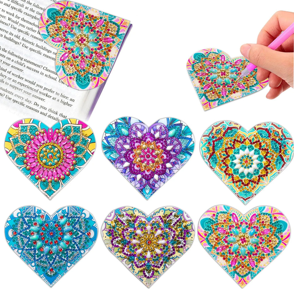 Six handmade PU leather bookmarks with stick-on crystals and flower cornerite decorative elements