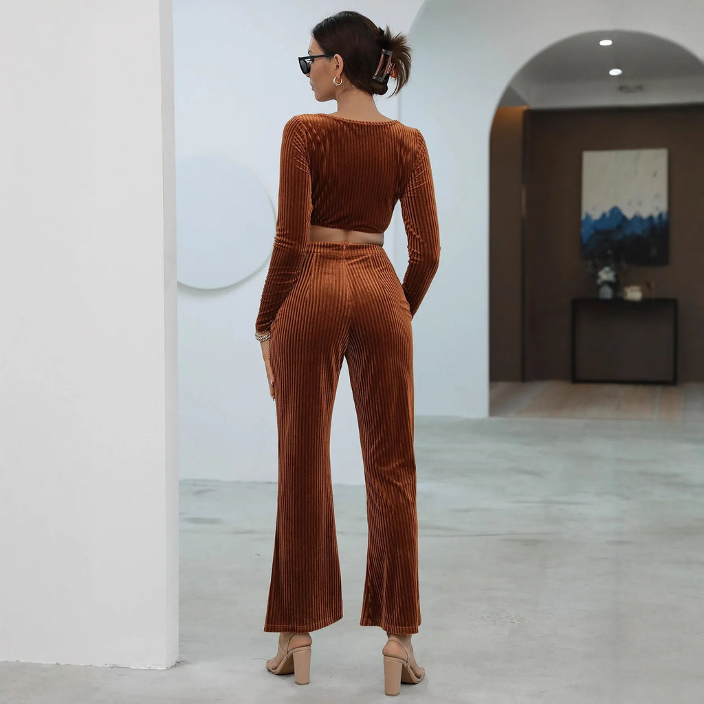 Caramel coloured long sleeve sweater and trousers set shown together