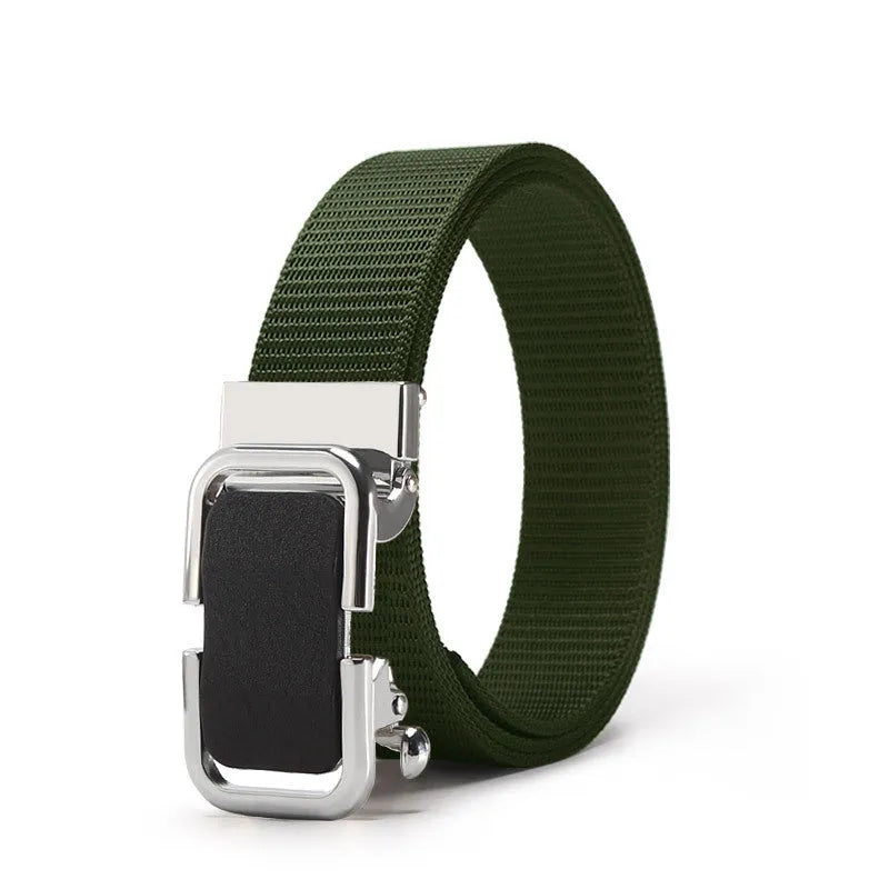 Men's nylon canvas belt with an alloy buckle shown in army green colour with a silver buckle.