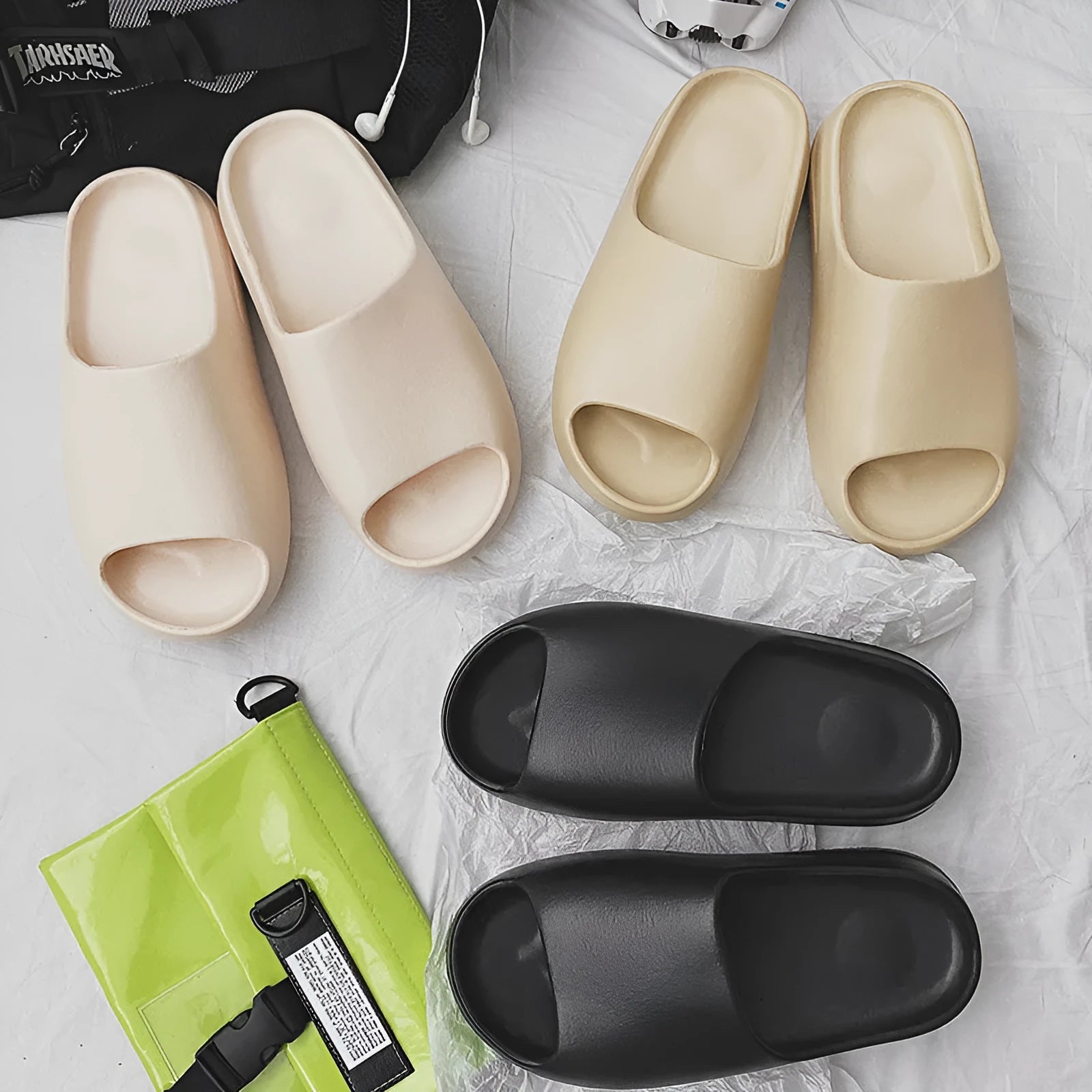 Women's thick sole EVA beach slippers in black, green, or brown colours, youth fashion style.