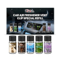 Five car air freshener refill cartridges in assorted scents for a vent clip diffuser.