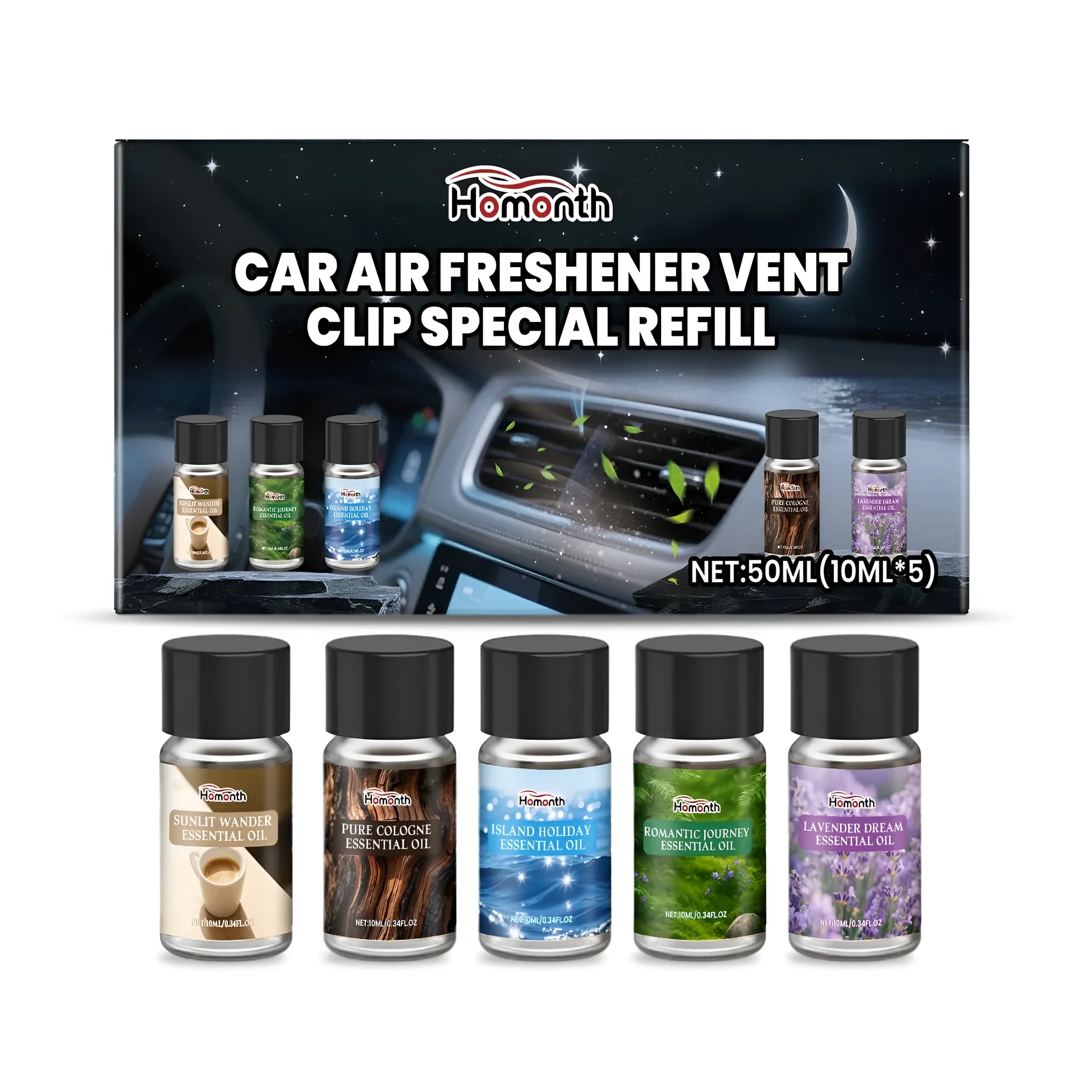 Five car air freshener refill cartridges in assorted scents for a vent clip diffuser.