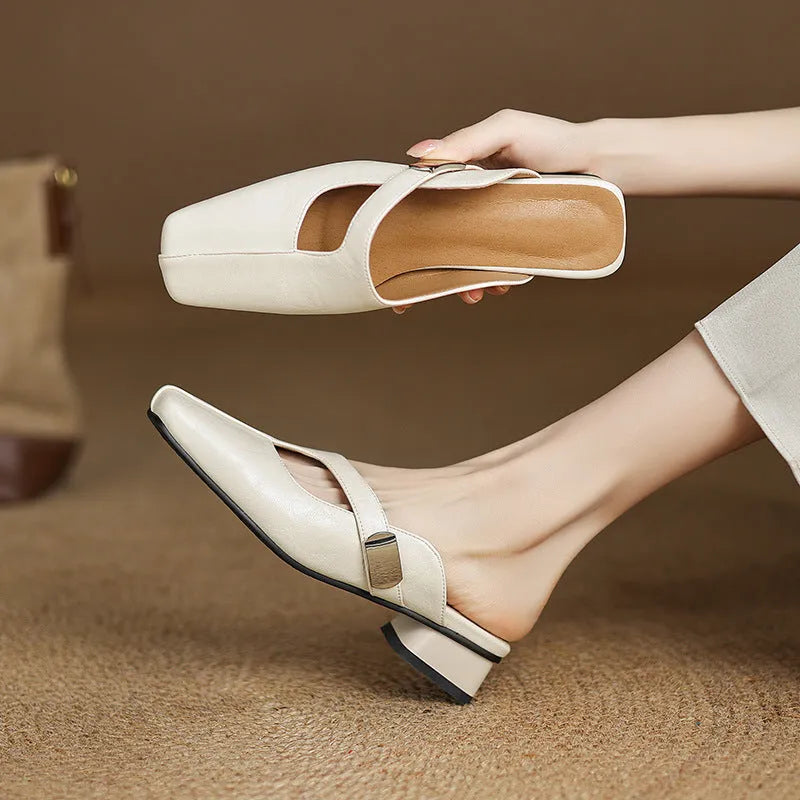 British style square toe slippers in black, beige or silver with low heel and casual design
