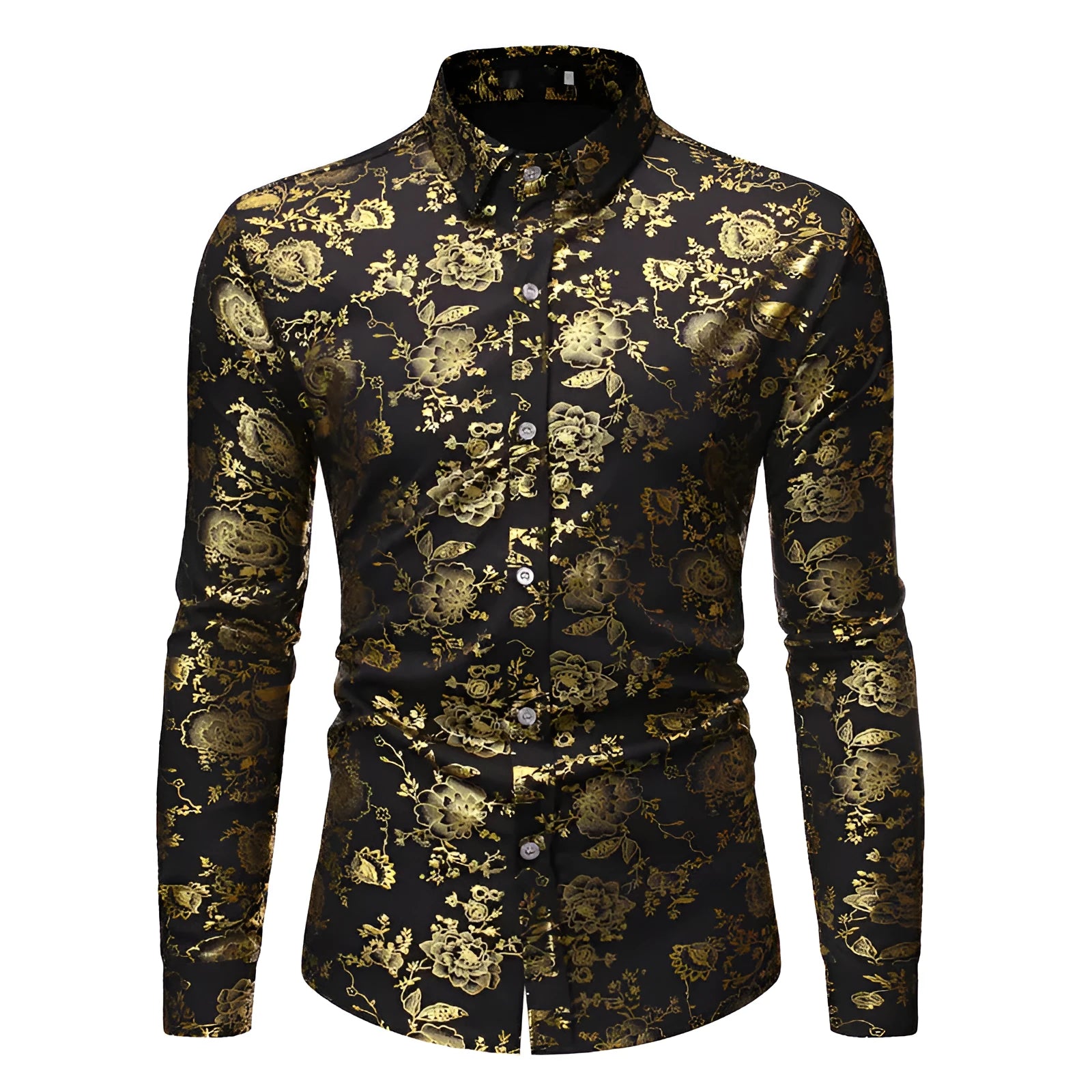 Men's metal bronzing printed lapel shirt in polyester fabric with cardigan style and long sleeves