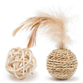 Primary colour rattan ball and faux feather ball cat toys for interactive pet play