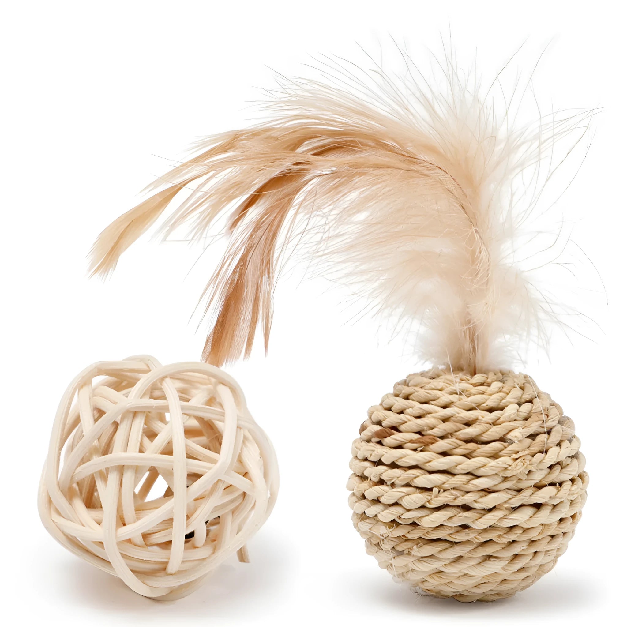 Primary colour rattan ball and faux feather ball cat toys for interactive pet play