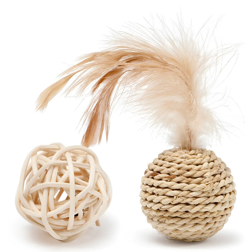Primary colour rattan ball and faux feather ball cat toys for interactive pet play