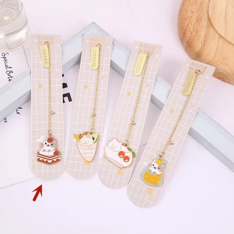 Jane Lime metal bookmark with cartoon cat pendant in four designs measuring 3.8x18.3cm