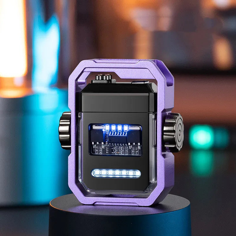 Blue Pulse Lighter showing windproof double arc, mechanical gyroscope, and Type-C charging port on a zinc alloy body.