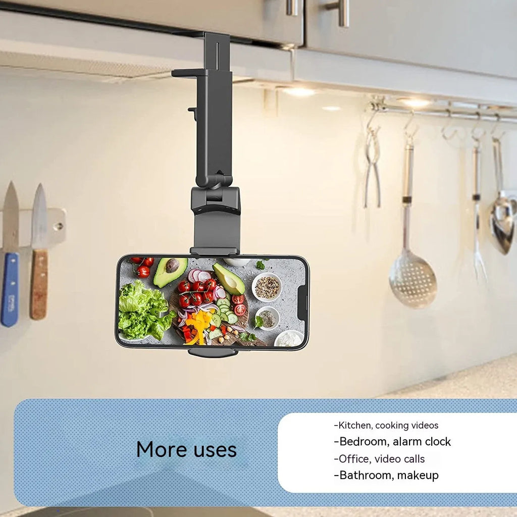 Foldable rotating universal phone holder in black, shown in an open position holding a mobile phone.