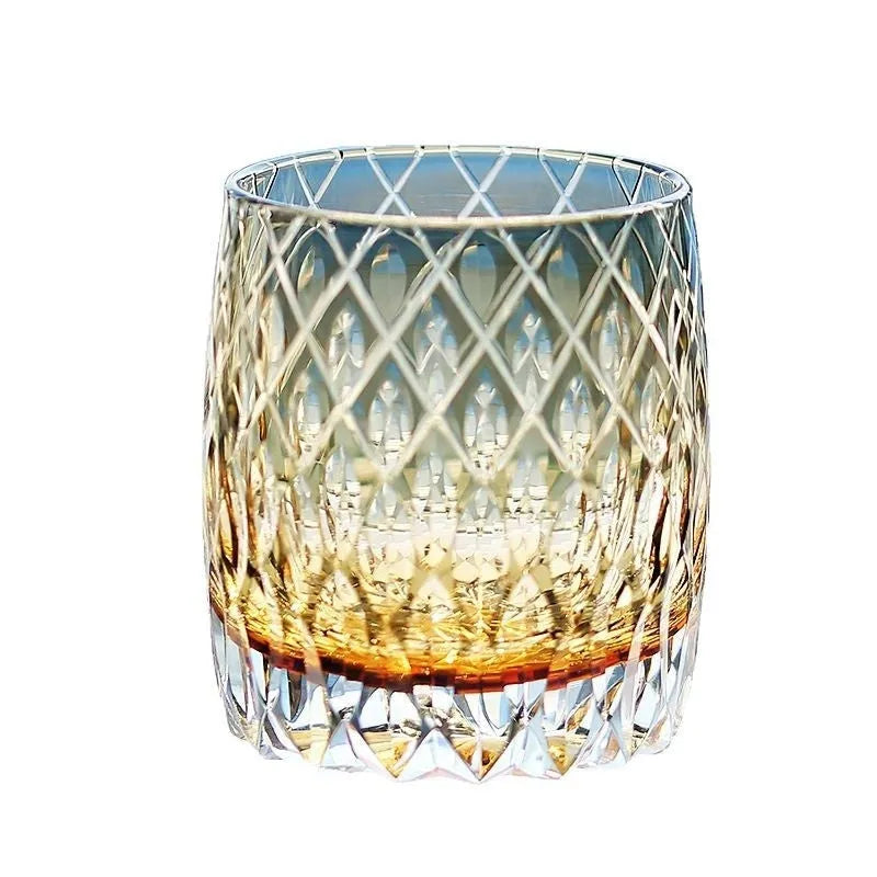 Japanese-style carved crystal whiskey tumbler with 301-400ml capacity in Gray Far Thunder colour on a dark surface