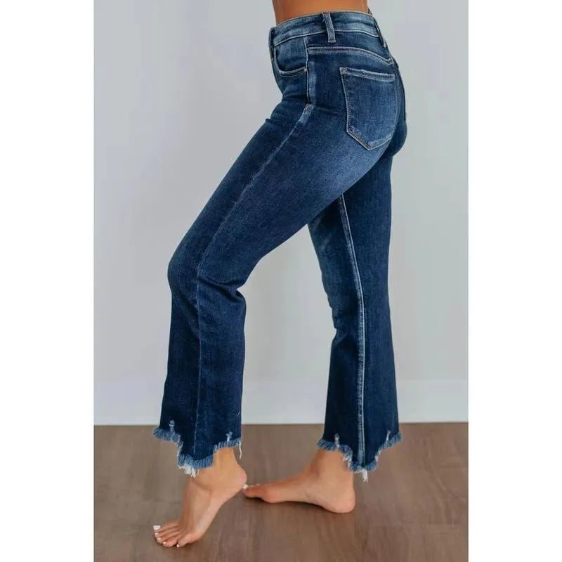 Women's hand-worn denim jeans in dark blue and light blue cotton fabric casual trousers