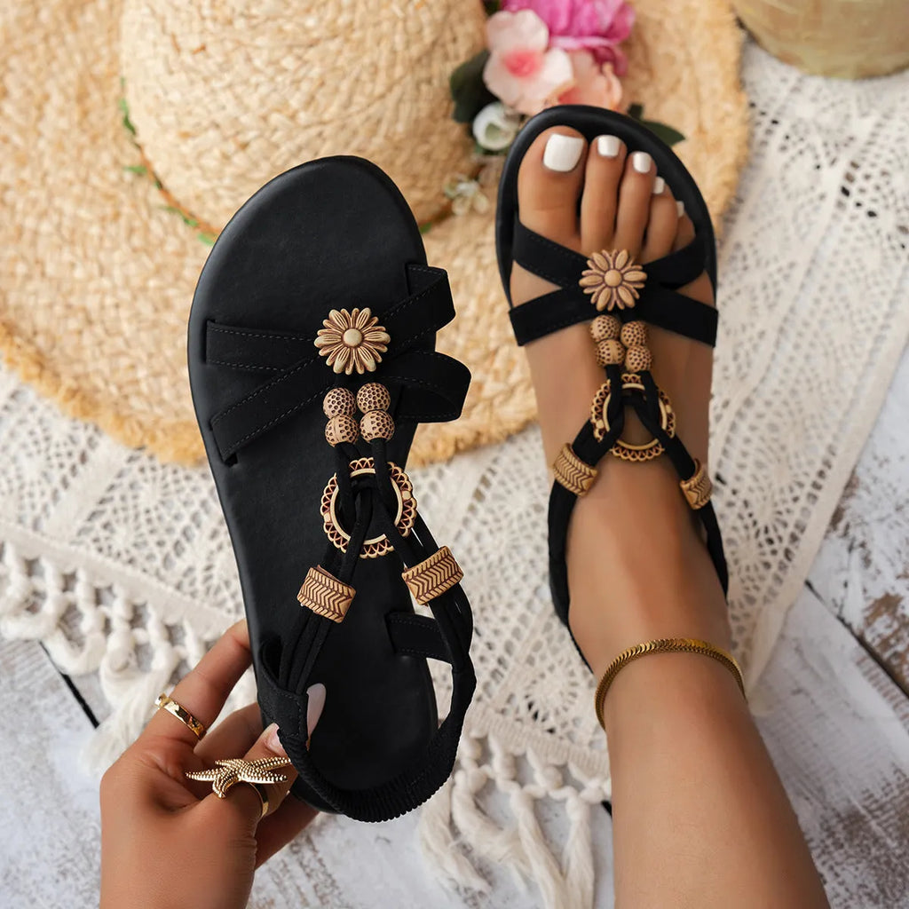 Black women's ethnic style beach sandals with woven beading and rhinestone decoration on elastic band