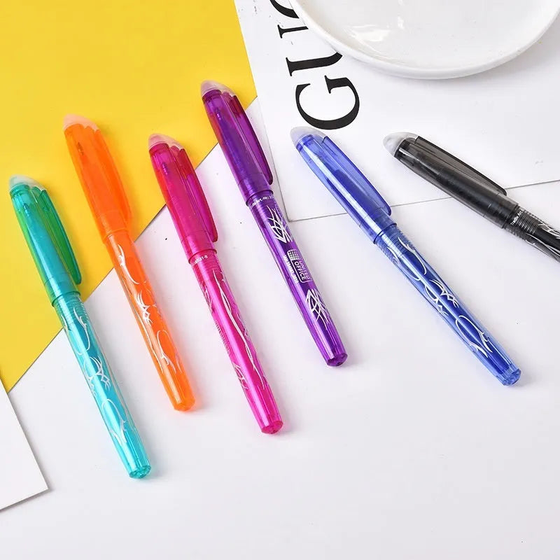 Heat-erasable gel pen set with plastic body, stainless steel nib, and assorted colours in 0.5mm and 0.7mm sizes