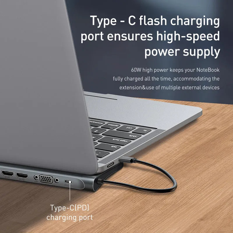 Ten-port USB C hub docking station with aluminium cooling bracket showing HDMI, VGA, and network ports