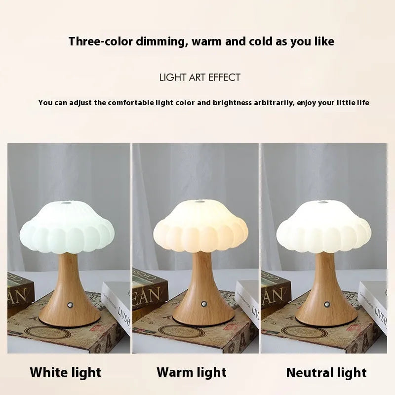 Mushroom-shaped USB rechargeable night lamp with touch control in wood grain finish