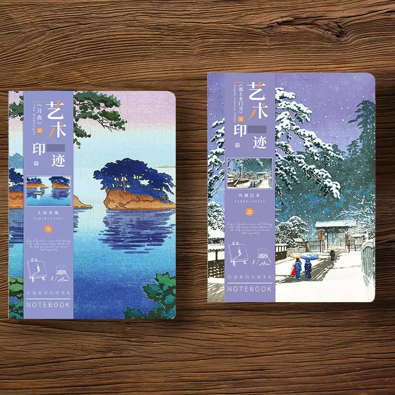 A5 retro hand ledger notebook with Ukiyo-e artwork cover, open on a desk showing Daolin paper pages.