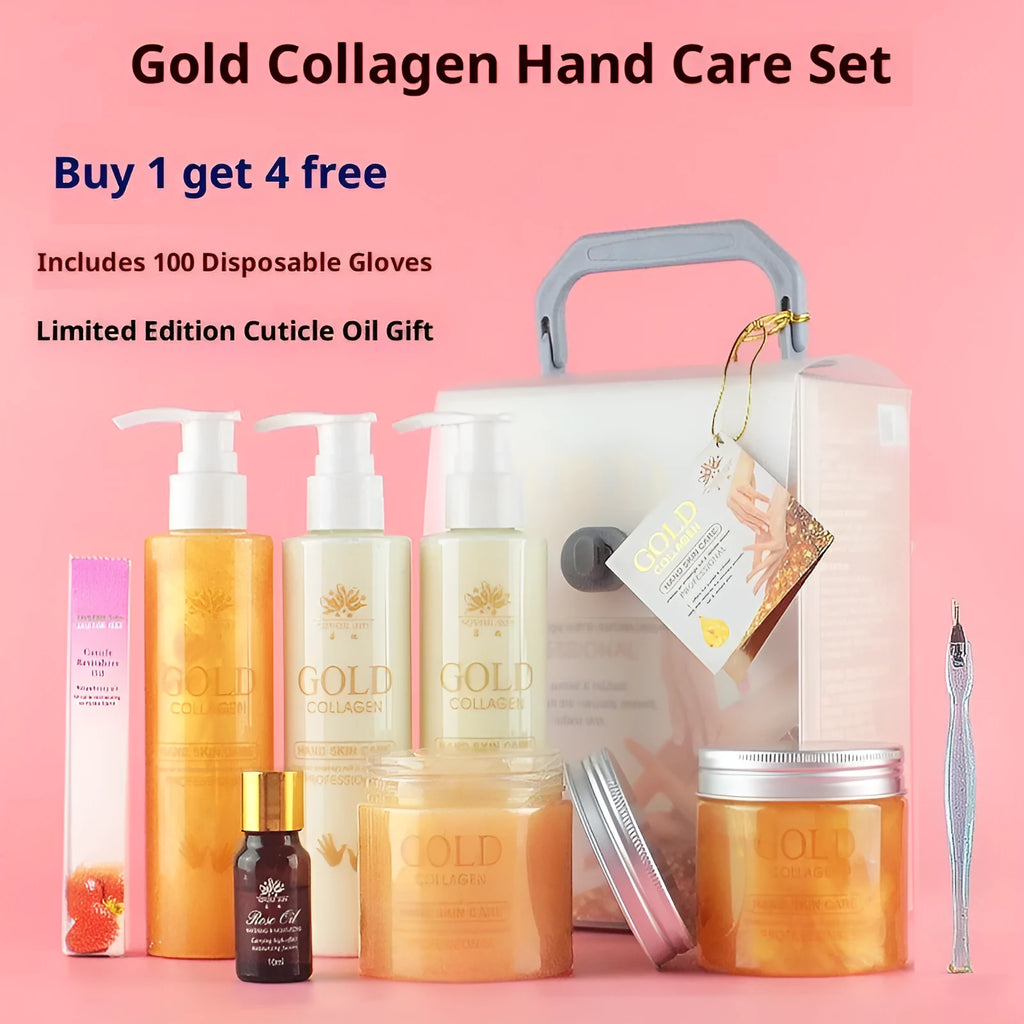 Gold Collagen Hand Care Set Standard Specification with six products and rose essential oil