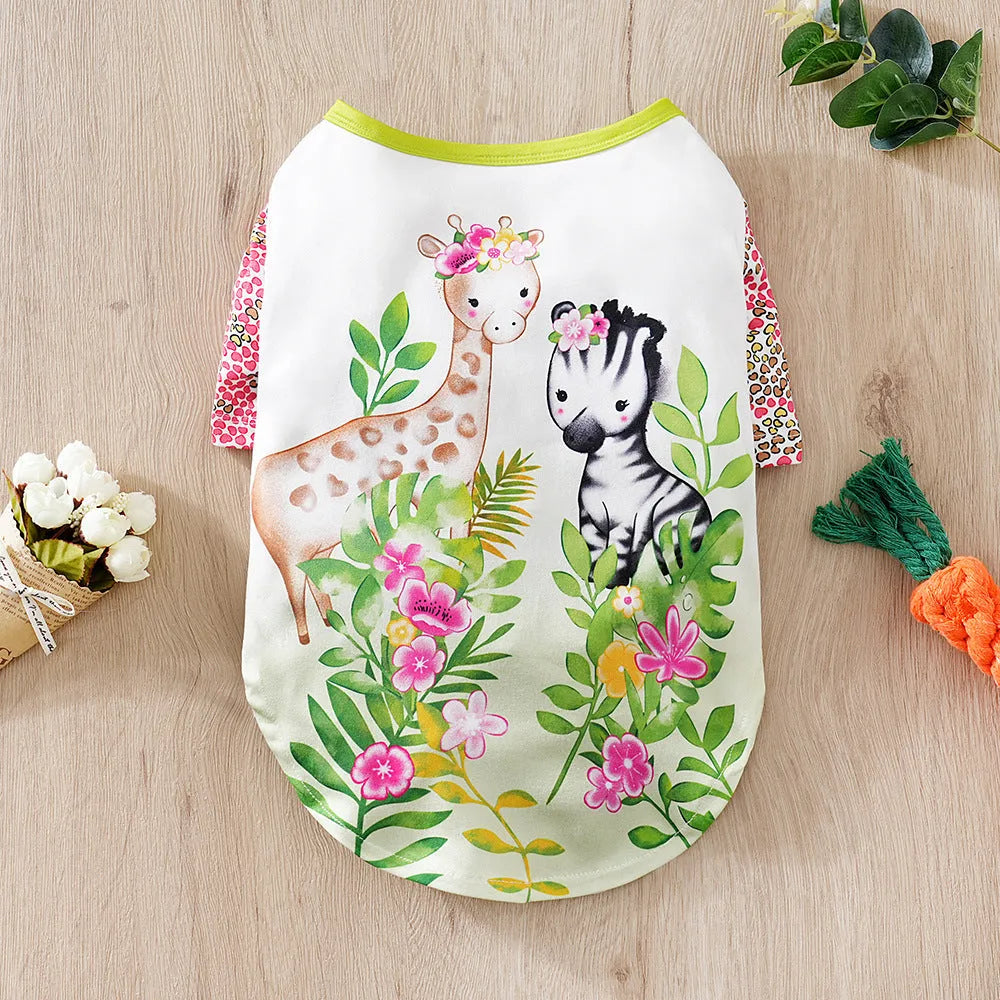 Small dog wearing a printed casual polyester T-shirt, showing the full-print design and fit.
