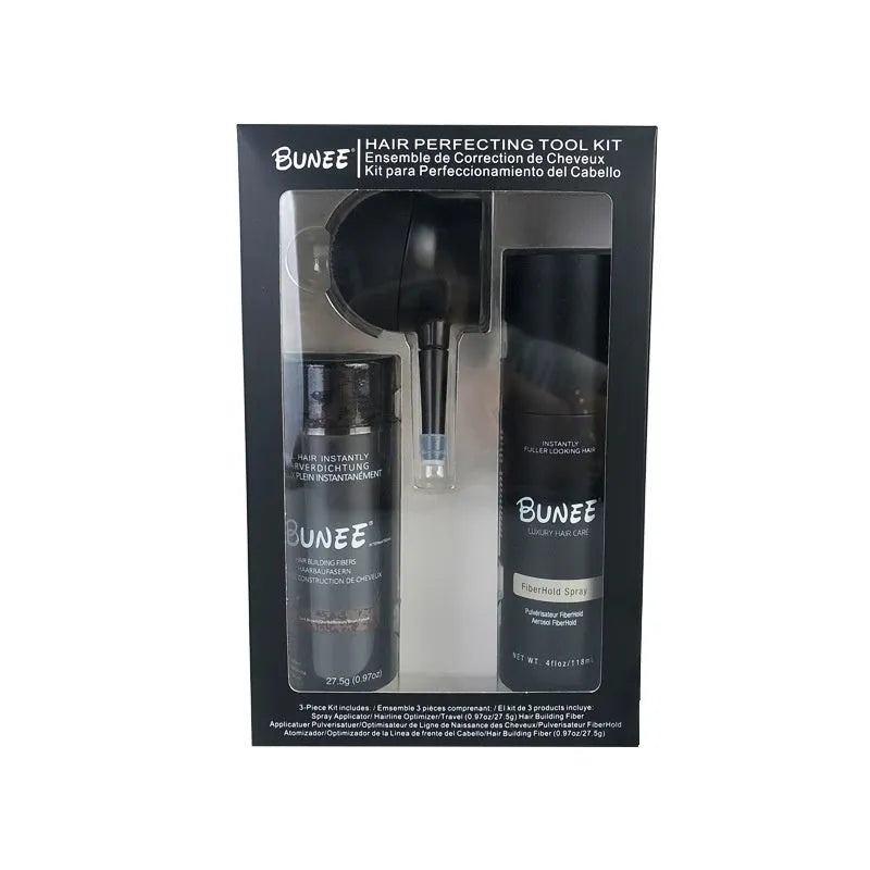 Box set of 275g hair fibre powder, styling spray, and applicator nozzle for thinning hair
