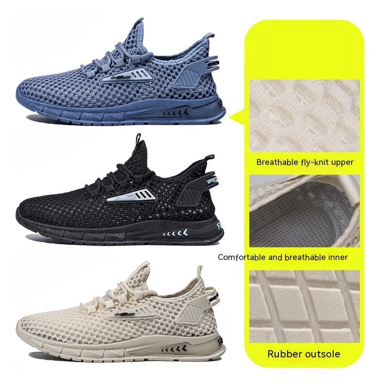 Men's beige mesh sneakers with synthetic leather upper and white EVA sole