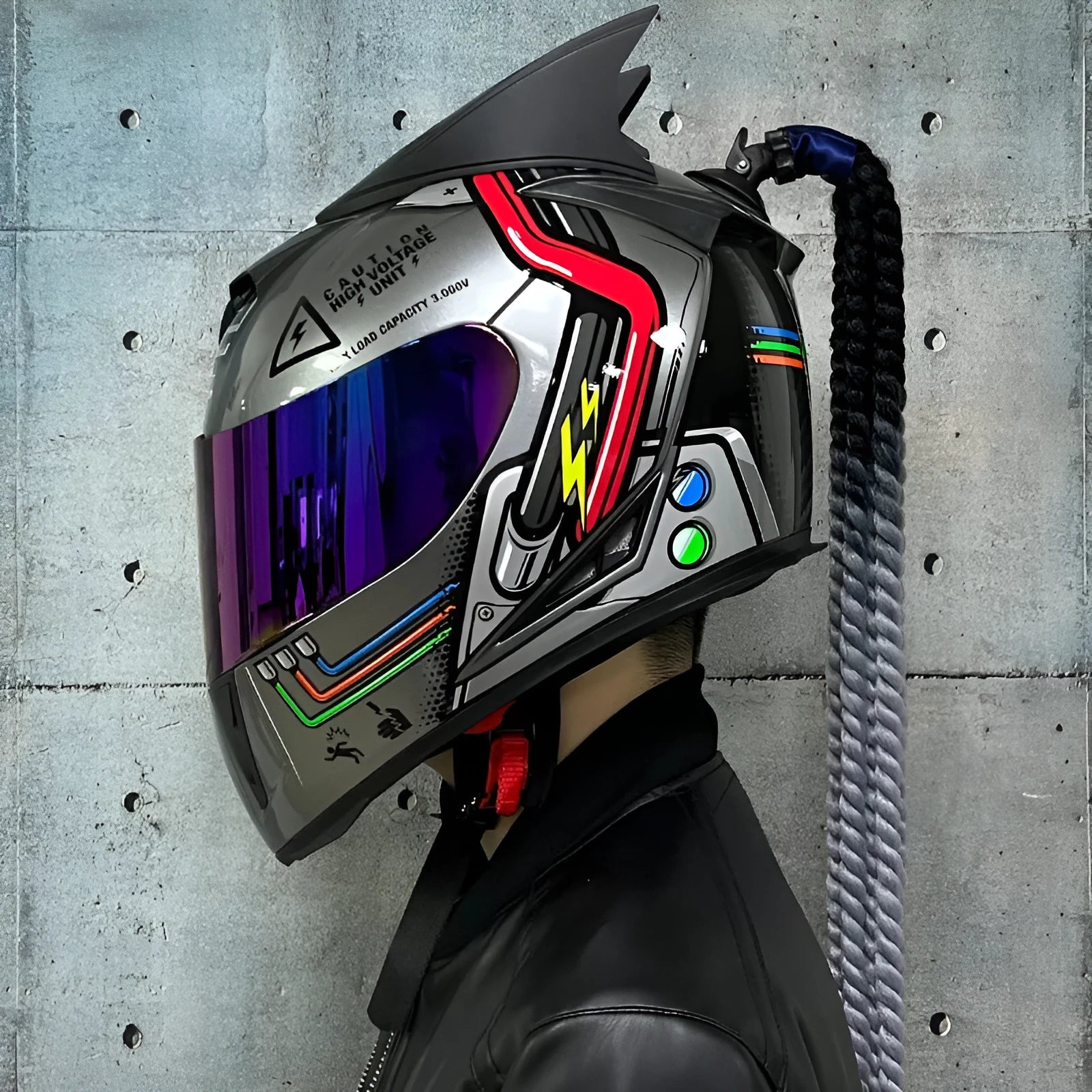 Dirty Braids graphic design full face motorcycle helmet on a white background.