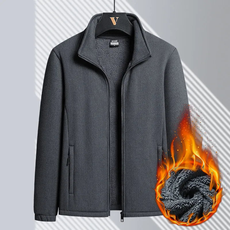 Men's grey Berber fleece coat with stand-up collar and zipper front