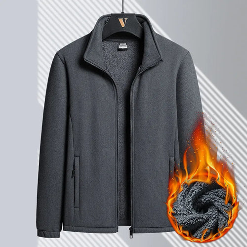 Men's grey Berber fleece coat with stand-up collar and zipper front