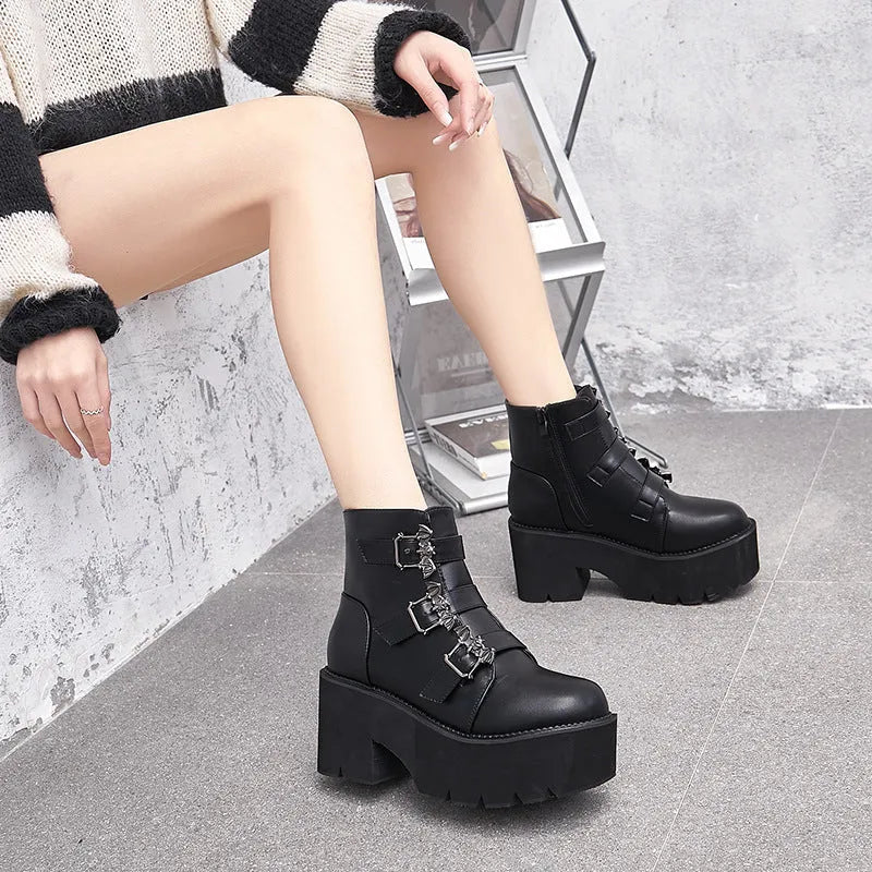 Black women's Harajuku punk gothic short boots with bat buckle and side zip.