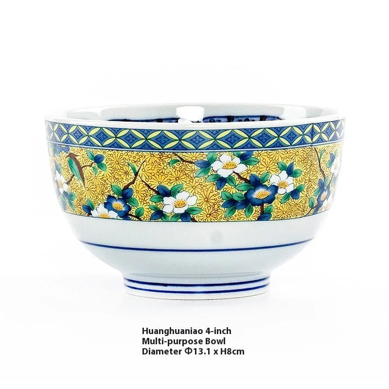 Retro Japanese style porcelain bowls with peony patterns in gold and yellow colours