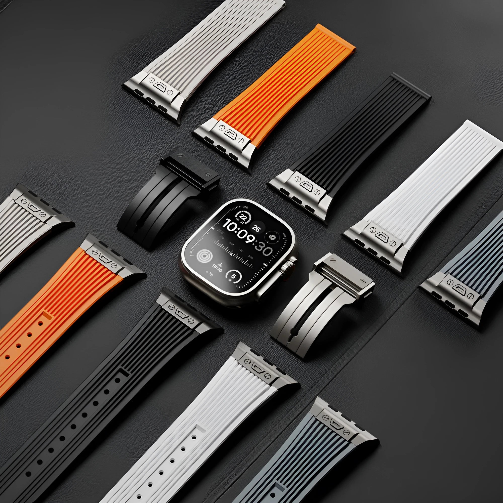 Silicone watch strap for Apple Watch in black with minimalist design for 42/44/45/49mm case