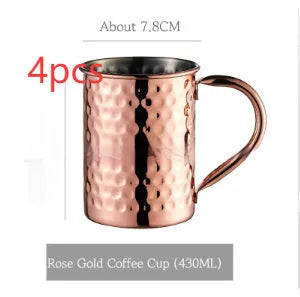 Copper plated stainless steel Moscow Mule mug in hammered and smooth styles, shown in silver, gold, rose gold, and black.