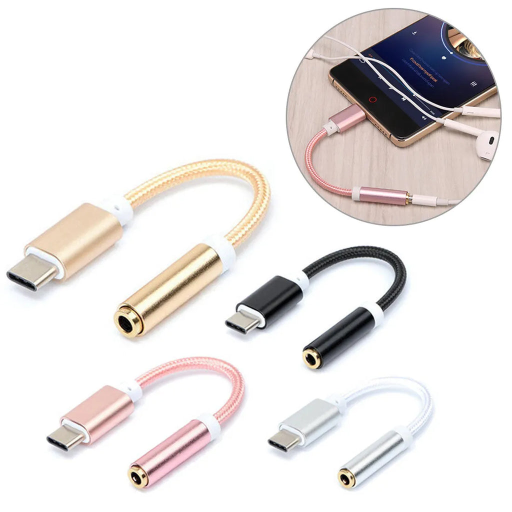 Short black nylon TYPE-C to 3.5mm female headphone adapter cable for mobile phones.