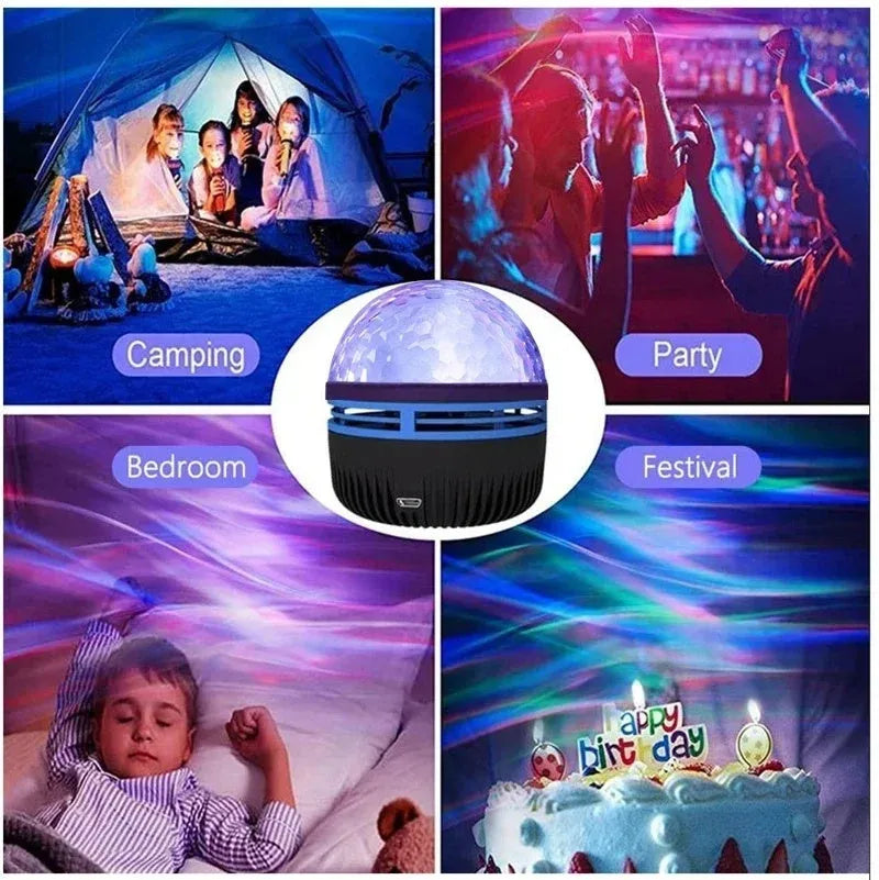 LED galaxy projector night light with rotating colourful stars, showing USB cable and removable acrylic shade.