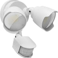 White 120V LED security flood light with infrared motion sensor for outdoor courtyard and garage installation