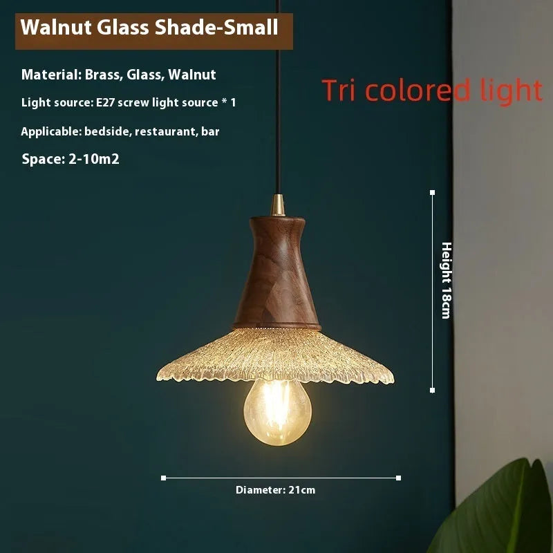 Retro wood and glass ceiling chandelier with brass finish for restaurant lighting