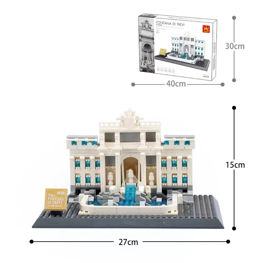 Wange building block set showing over 800 small ABS plastic pieces for constructing global landmark models.