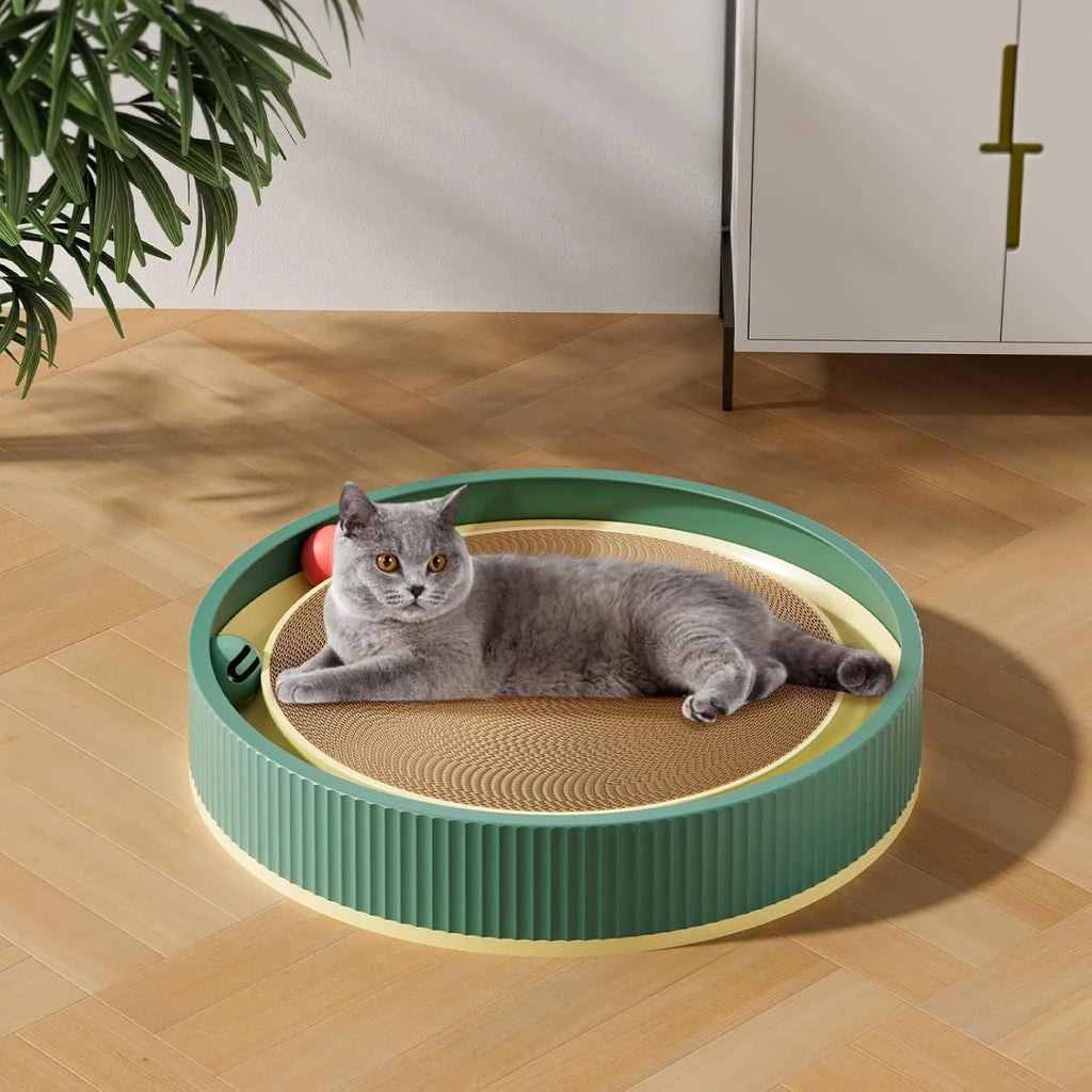 Large green cat scratching board with ball toys and replaceable cardboard core for indoor cats