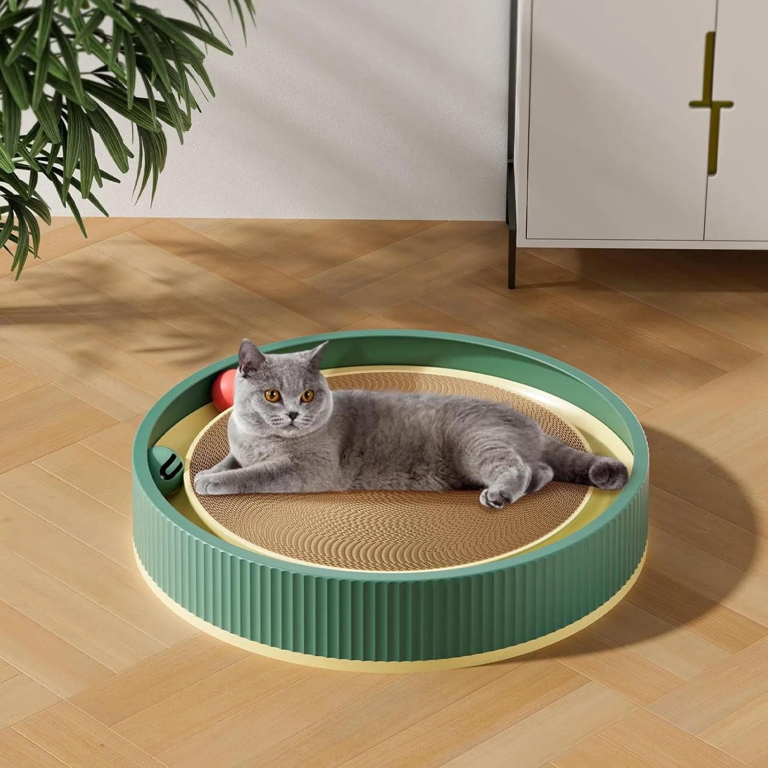 Large green cat scratching board with ball toys and replaceable cardboard core for indoor cats