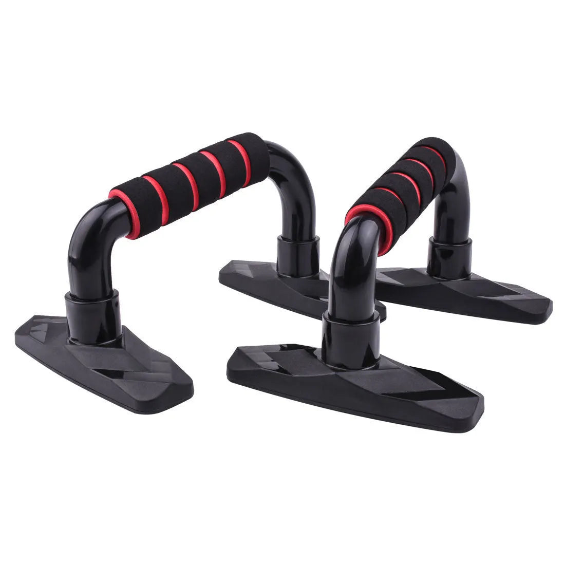 Pair of I-shaped push up bars with blue PP sponge handles on a floor.