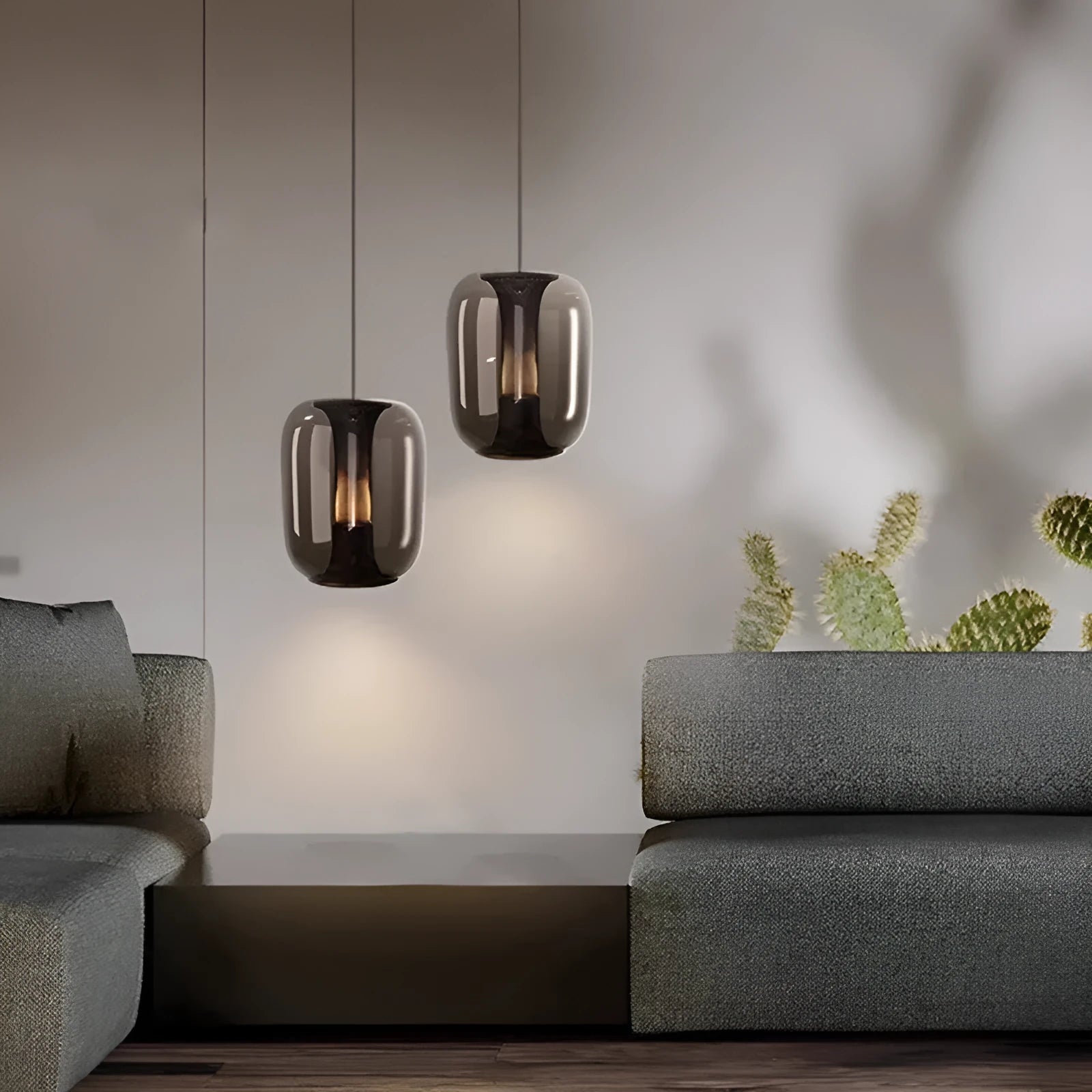 Minimalist Nordic chandelier in smoky grey, cognac, or transparent colour, 16cm diameter by 20cm height