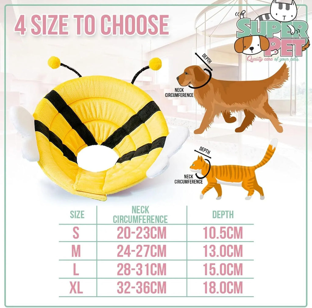 Soft cat cone collar with black and yellow bee design showing Velcro closure and curved protective shape
