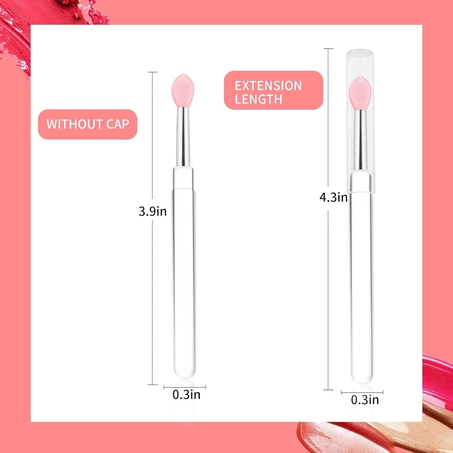 Set of eight colourful reusable silicone lip brushes with hygienic protective caps laid out.