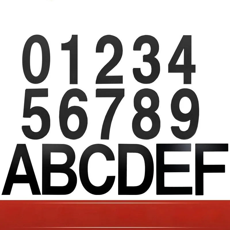 Black stainless steel adhesive house number characters showing letters and numbers 7.5cm tall