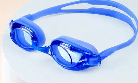 Myopia swimming goggles with anti-fog lenses and a protective storage case in assorted colours.
