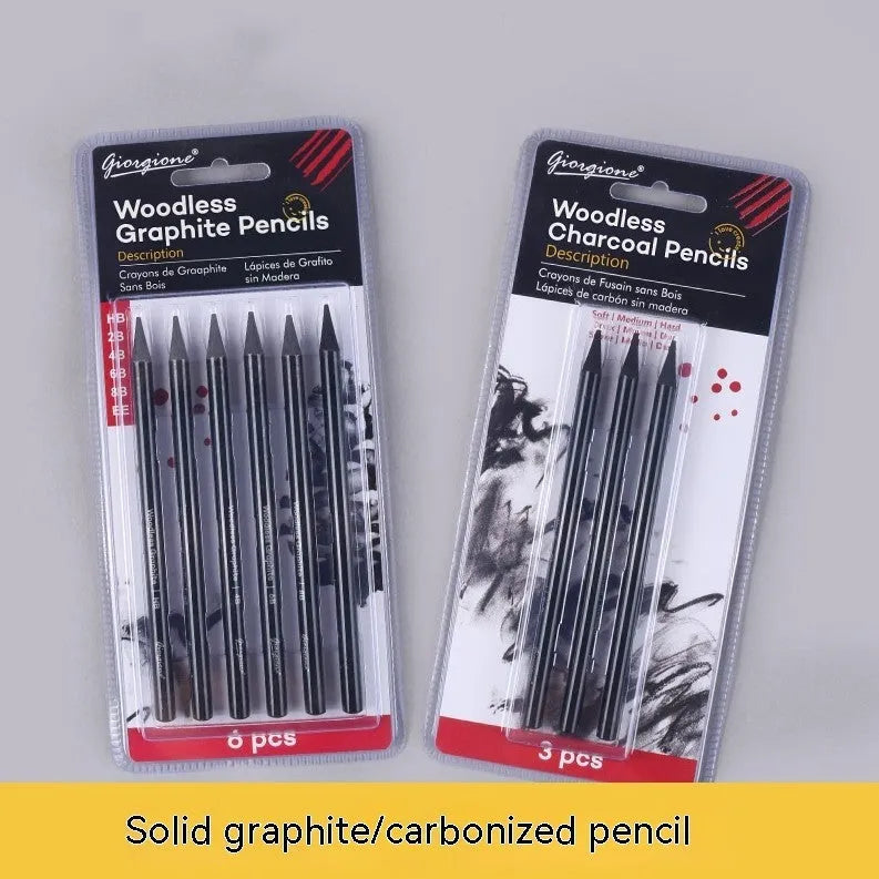 Graphite and carbonized drawing pencil set on a suction card, showing wooden-shell pencils.