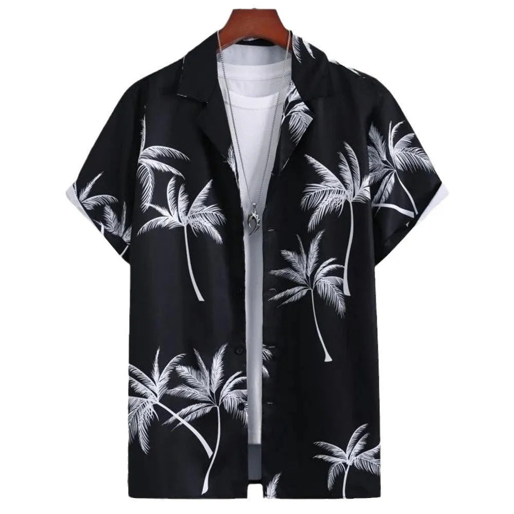 Men's grey camouflage print loose fit short sleeve casual shirt on a hanger.